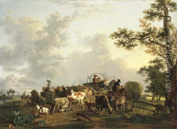 Peasants And Livestock With Wagons Oil Painting - Jean Louis (Marnette) De Marne
