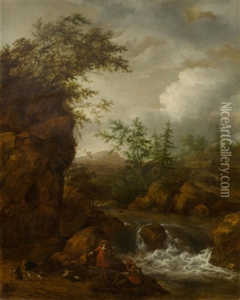 A Mountain Landscape With Waterfall And Figures Oil Painting - Jacob Van Ruisdael
