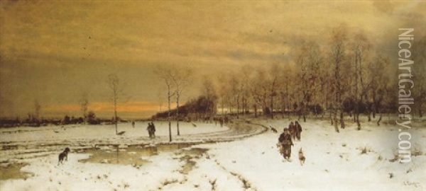 Jager In Weiter Abendlicher Winterlandschaft Oil Painting - Ludwig Lanckow