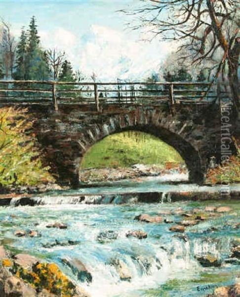 Bridge In River Landscape Oil Painting - John Joseph Enneking