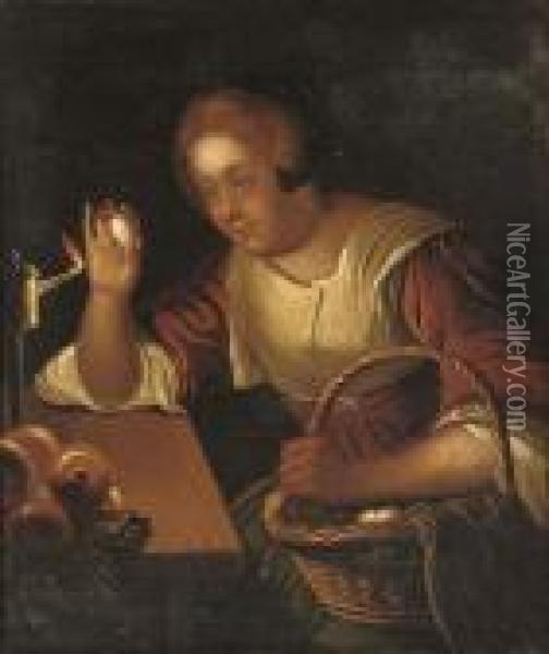 A Kitchen Maid With A Basket Of Eggs Oil Painting - Gerrit Dou