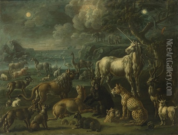 A Fantastical Landscape With A Unicorn, Jaguars, A Bear, Deer, And Other Animals Oil Painting - Johann Melchior Roos