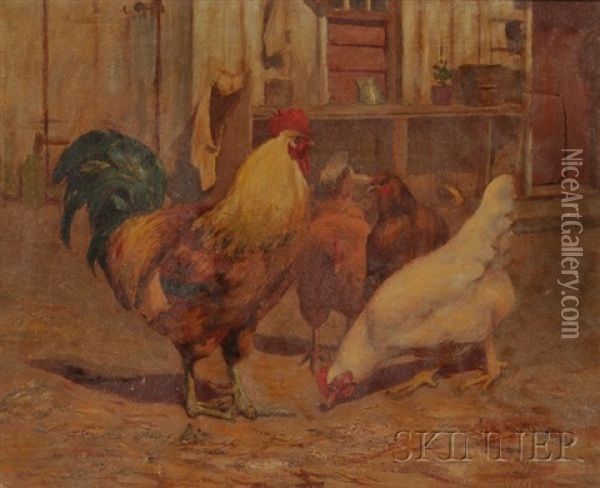 Barnyard Scene With Rooster And Hens Oil Painting - Walter Douglas