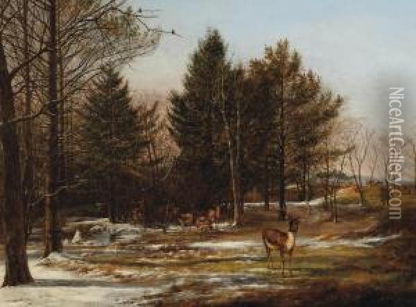 A Wooded Winter Landscape With Deers Oil Painting - Pieter Gerardus Van Os