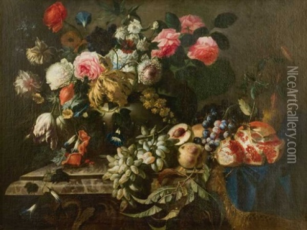 Nature Morte Au Vase De Fleurs Et Fruits Sur Un Entablement Oil Painting - Abraham Brueghel
