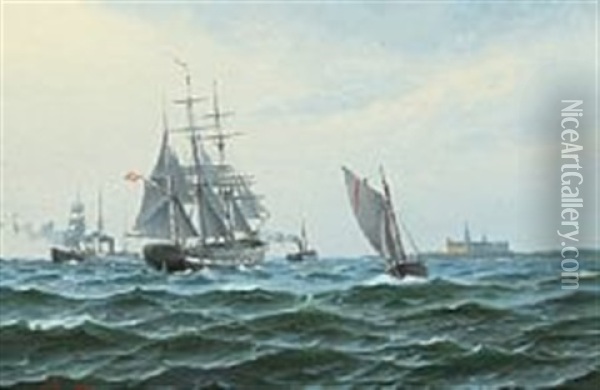 Warship With Pilot With Kronborg Castle On The Starboard Oil Painting - Sigvard Marius Hansen