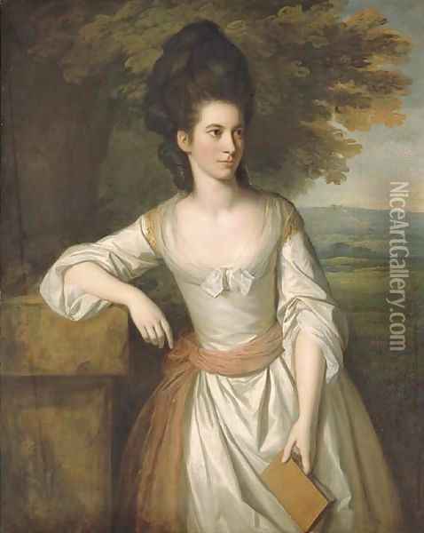 Portrait of Mrs. Vere, three-quarter-length, in a white dress with a pink sash, holding a book in her left hand, with a landscape beyond Oil Painting - Sir Nathaniel Dance-Holland