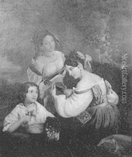 Three Ladies, One With A Mandolin Oil Painting - Adeodato Malatesta