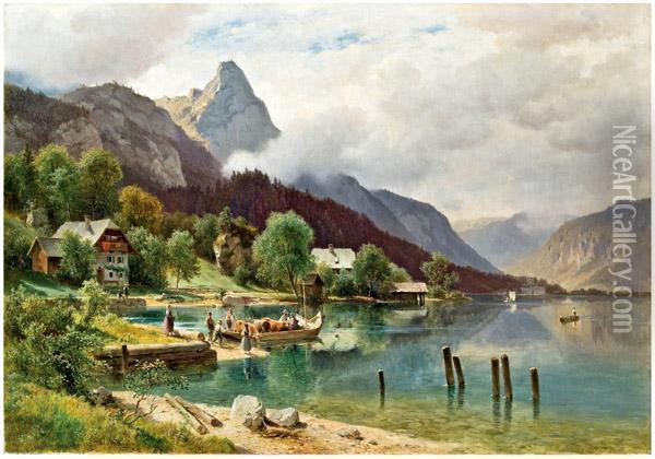Weissenbach Am Attersee Mit Blick Auf Den Schoberstein Oil Painting - Ludwig Halauska