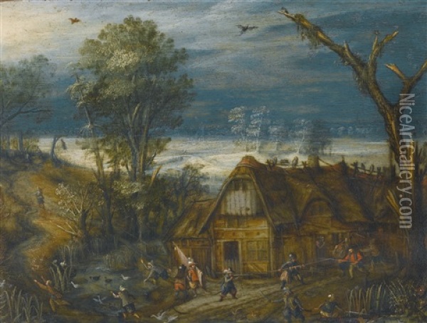 A Landscape With Soldiers Fighting Outside A House Oil Painting - Mattheus Molanus