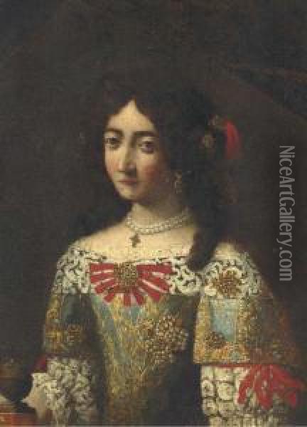 Portrait Of A Lady, Half-length, In An Embroidered Dress: Afragment Oil Painting - Pier Francesco Cittadini Il Milanese