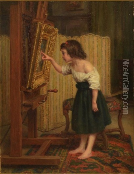 Girl Admiring A Painting Oil Painting - Charles Edouard Frere