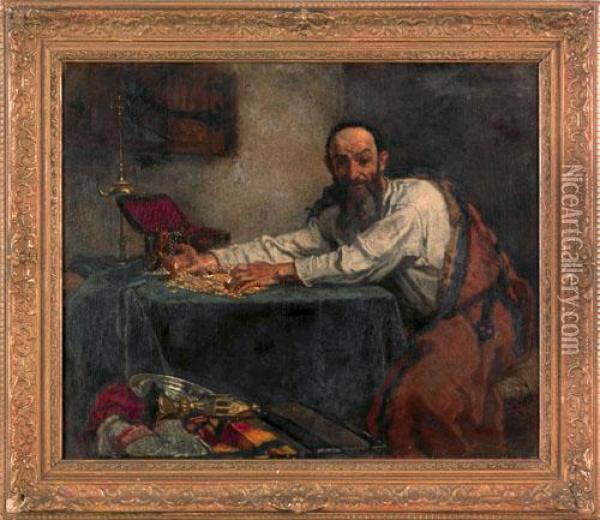 Depicting A Shylock Counting Gold At A Table Oil Painting - Aime Stevens
