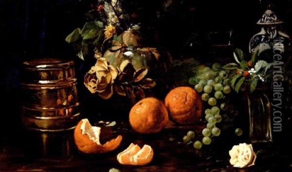 Opstilling Med Appelsiner, Druer, Blomster Og Forskellige Krukker Oil Painting - Carl Carlsen