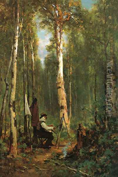 Artist at His Easel in the Woods Oil Painting - Thomas Hill