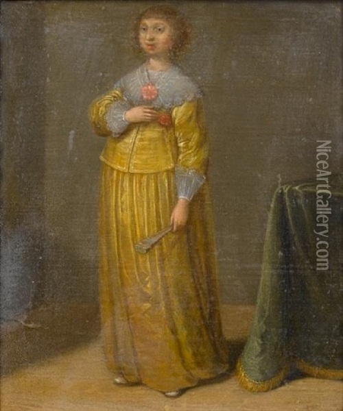 Portrait Of A Lady, Full-length, In A Yellow Dress With A White Lace Collar, Held With A Red Rosette, Standing Beside A Draped Table Oil Painting - Laurentius de Neter