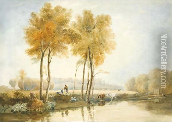 Boys And Cattle On The Banks Of The Thames, Windsor Oil Painting - David Cox