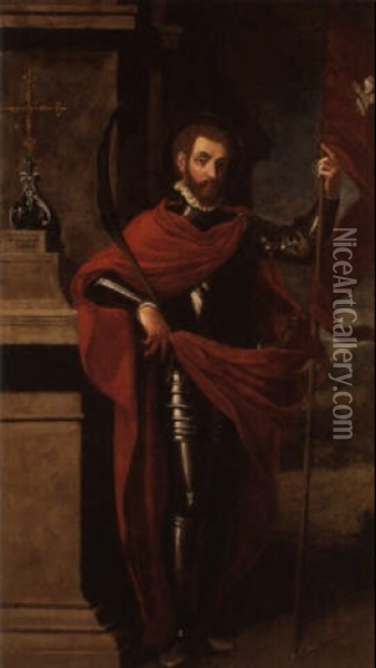 A Warrior Martyr Standing By An Ornamental Cross On A Pedestal Oil Painting - Mattia Preti