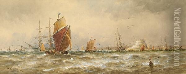 Vessels Entering And Leaving Harbour, Possibly Portsmouth Oil Painting - Thomas Bush Hardy
