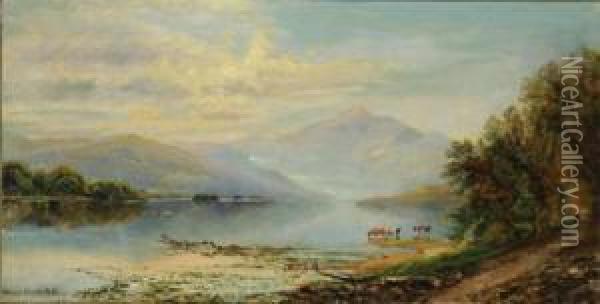 Cows Watering Beside A Mountain Lake Oil Painting - Edmund Darch Lewis