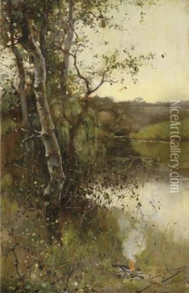 A River Landscape Oil Painting - Manuel Garcia y Rodriguez