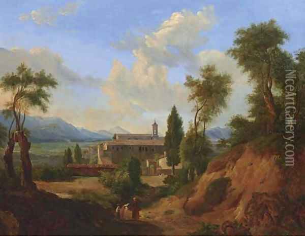 Italian Landscape with Monastery Oil Painting - Continental School