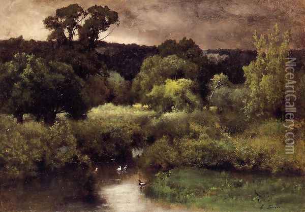 A Gray Lowery Day Oil Painting - George Inness