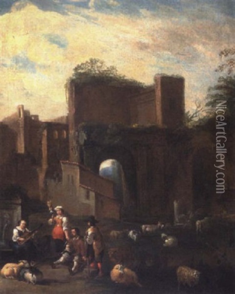 Peasants And Animals By Fortified Town Wall Oil Painting - Michelangelo Cerquozzi