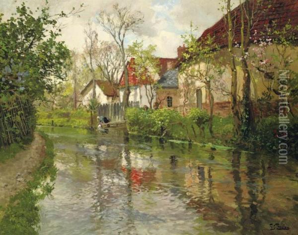 Cottages By A River Oil Painting - Fritz Thaulow
