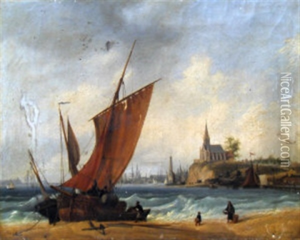 Beached Fishing Vessels With A Church And A Harbor On The Distance (on The Schelde?) Oil Painting - Ambroise Louis Garneray