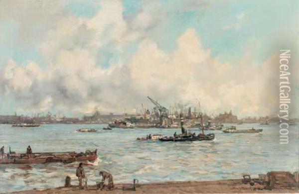 De Maas Bij Den Willemskade: A Busy Day On The River, Rotterdam Oil Painting - Johann Hendrik Van Mastenbroek
