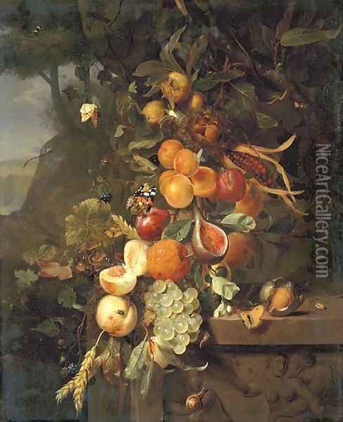Peaches, apricots, grapes, oranges, blackberries, sheafs of corn and a pomegranate on a plinth with a sculpted relief, with butterflies Oil Painting - Jan Mortel