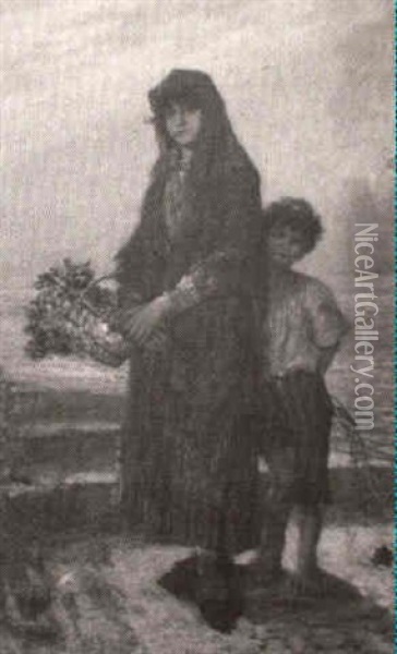 Venetian Flower Girl With Boy Oil Painting - D. Jerome Elwell