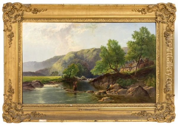 Figures In A Mountainous River Landscape Oil Painting - Henry John Boddington