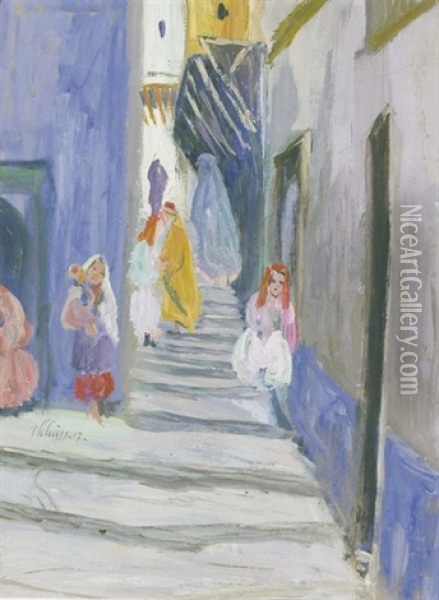 Arabische Altstadtgasse Mit Frauen Und Kindern Oil Painting - Ernst Traugott Schiess