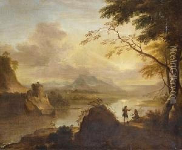 An Extensive River Landscape At Dawn With Fishermen Casting Their Nets In The Foreground Oil Painting - Adriaen Van Diest