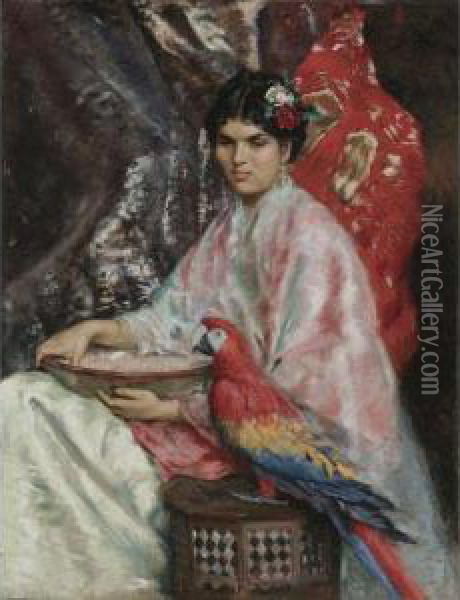 Lady With A Parrot Oil Painting - J. Stewart