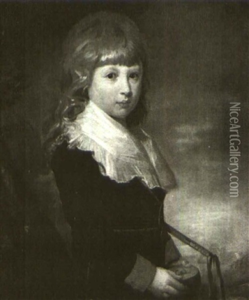 Portrait Of A Young Boy In Blue, A Landscape Beyond Oil Painting - Sir William Beechey