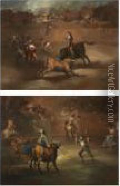 Mariano Ceballos Cabalgando 
(mariano Ceballos Mounted); Banderillas De Fuego (banderillas With 
Firecrackers) Oil Painting - Eugenio Lucas Velasquez