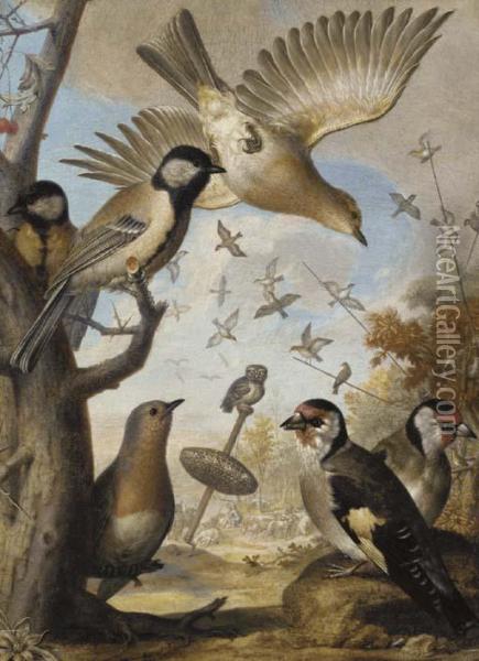 Finches And Other Small Birds By A Tree Stump, An Owl Perched On A Bird Trap And Shepherds With Their Flocks Beyond Oil Painting - Ridolfo Manzoni