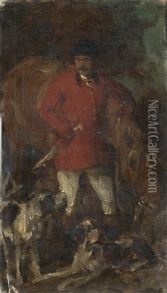 Reiter Mit Hunden, Vor Einem Pferd Stehend Oil Painting - Julius von Blaas