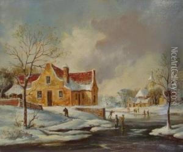 A Wintry Landscape With Figures Skating On A Frozen River Oil Painting - Esaias Van De Velde