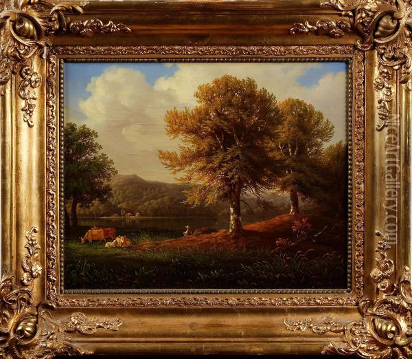Landskap Medbetande Kor Oil Painting - Adolf Julius Berg