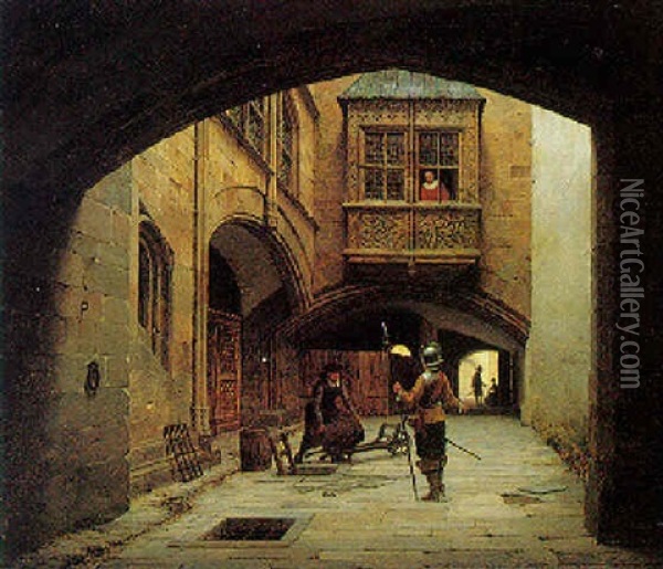 Scene In A Medieval Courtyard Oil Painting - Heinrich Hansen