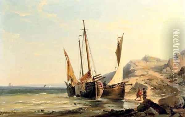 Boats moored by a rocky beach Oil Painting - Johannes Hermanus Koekkoek