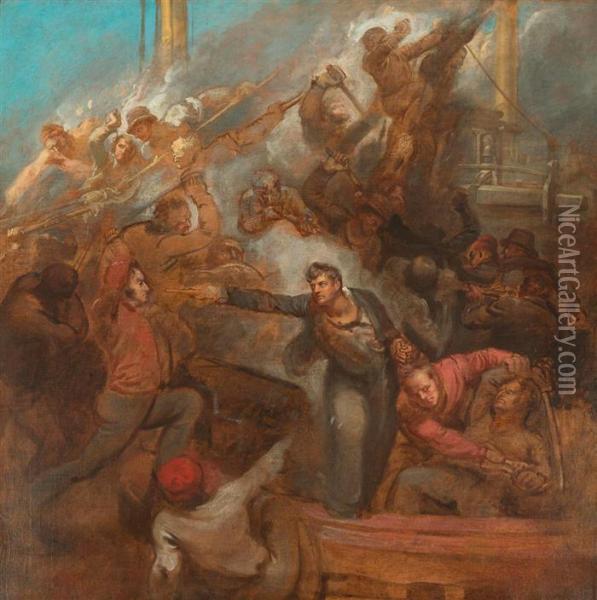 Seeschlacht Zwischen Windsor Castle Und Le Jeune Richard. Oil Painting - Samuel Drummond