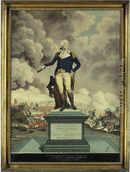 A Portrait Of General George Washington Against The Backdrop Of A Battle Scene, Possibly The Whiskey Rebellion Riots Oil Painting - Frederick Kemmelmeyer