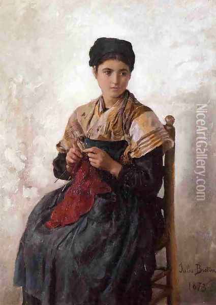 Young Woman Knitting Oil Painting - Jules Breton