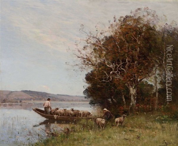 Schafhirten Mit Ihrer Herde In Einem Kahn Am Ufer Oil Painting - Louis Aime Japy