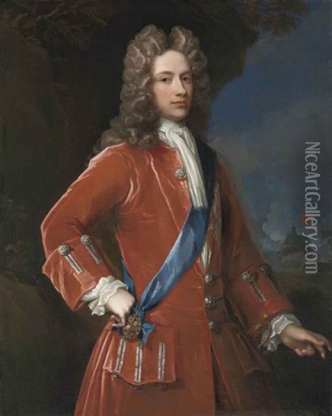Portrait Of John Campbell, 2nd Duke Of Argyll And 1st Duke Of Greenwich, In A Red Coat With Silver Braid, With The Sash And Star Of The Order Of The Garter, A Coastal Fortress Beyond Oil Painting - William Aikman